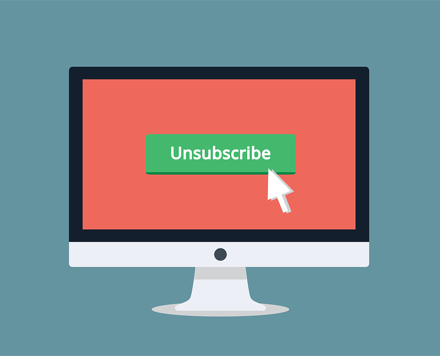 Stylized image of a computer monitor displaying an "unsubscribe" button with an arrow shaped cursor hovering over the button