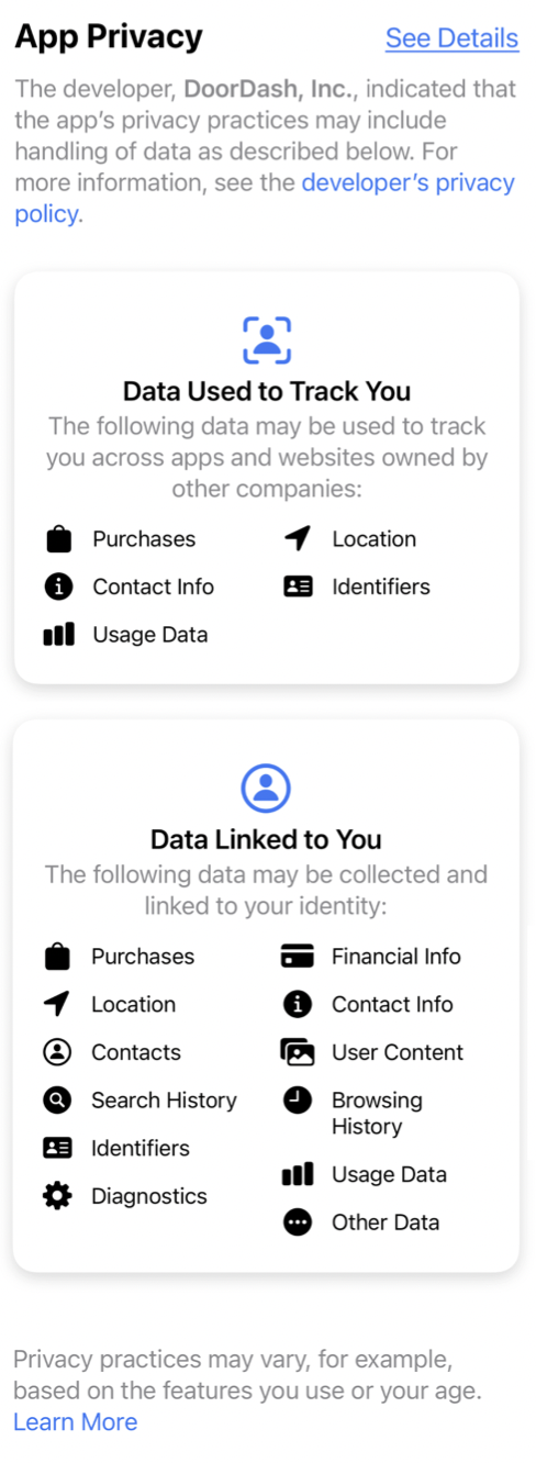 Screenshot of a compact iOS privacy label