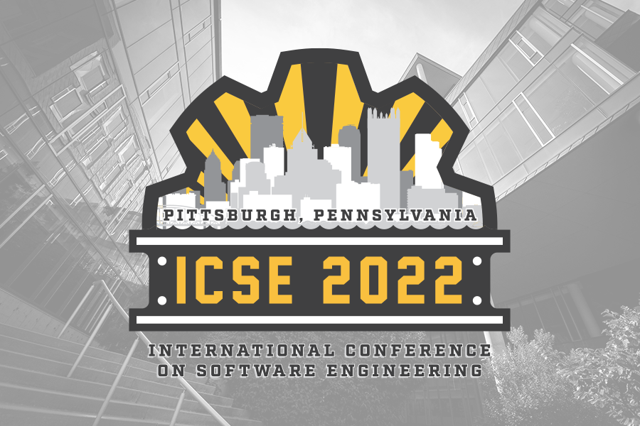 Low contrast image of Gates Hillman Complex overlaid with the ICSE 2022 logo